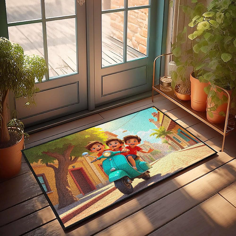 Paillasson d'intérieur automne 65x90cm trois garçons en scooter tapis de sol