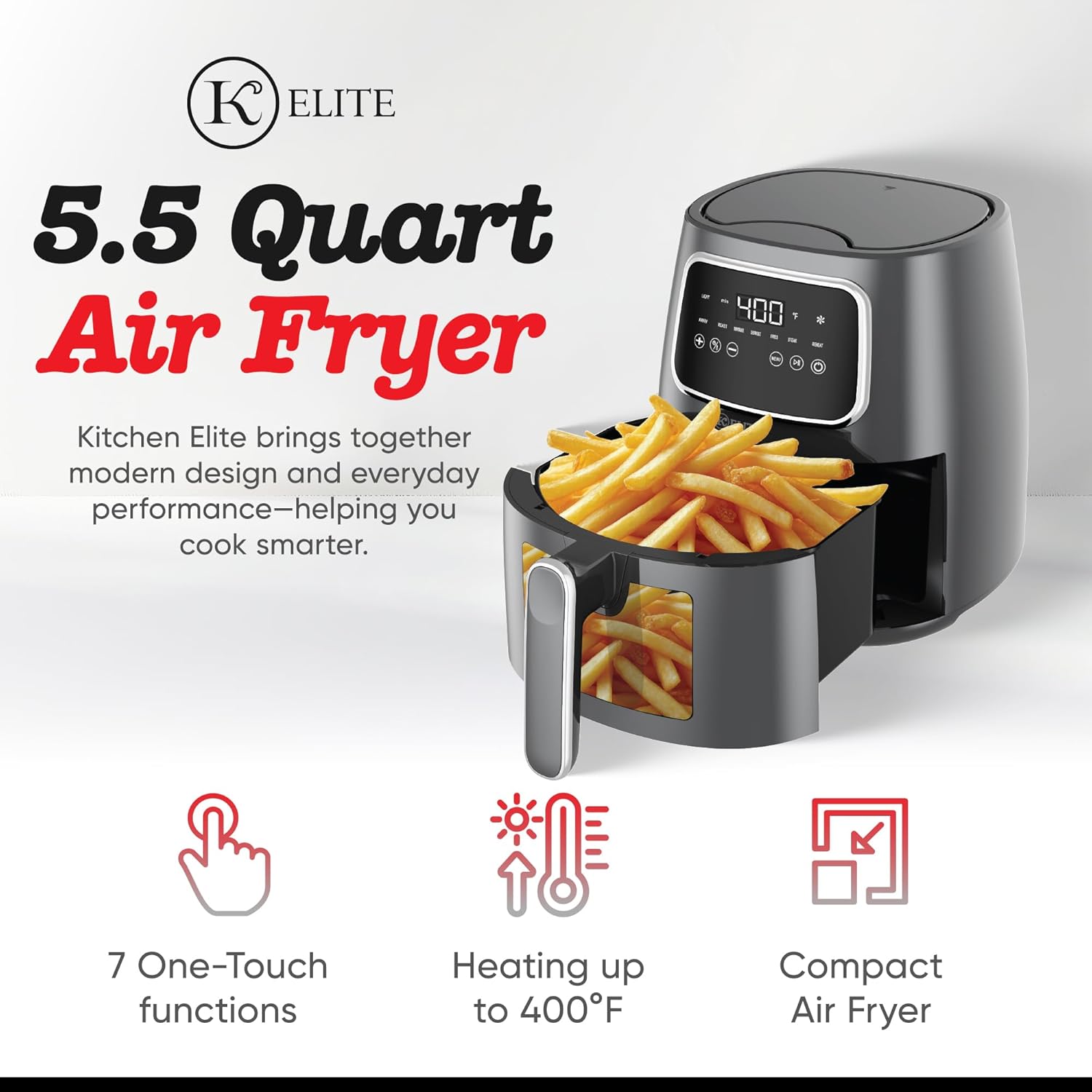 Kitchen Elite 5.5 Qt. Digital Air Fryer, Countertop Cooker with LED Screen, Presets for Air Fry, Roast, Dehydrate, Defrost and Reheat, Grey