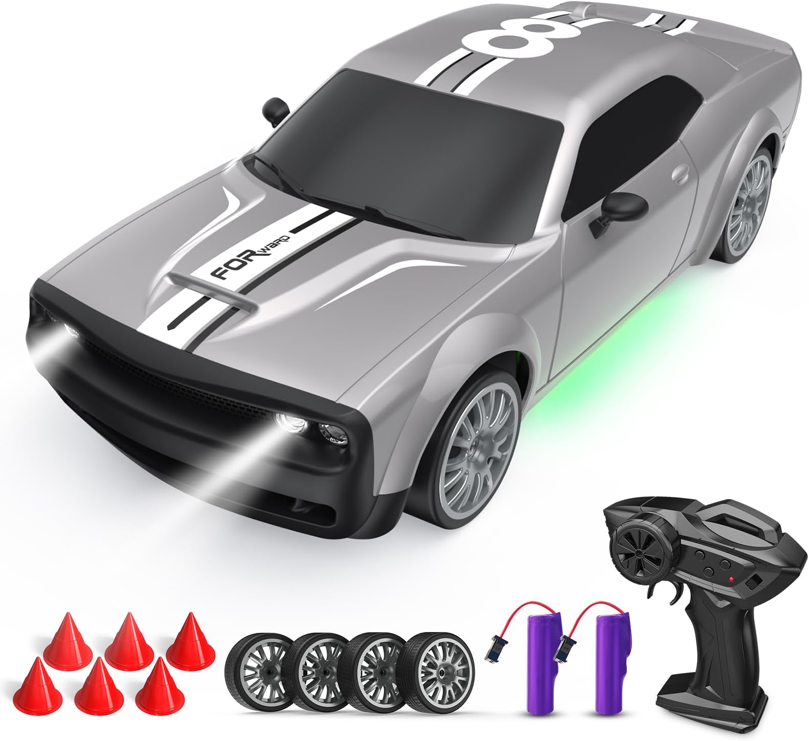 RC Drift Car Remote Control Car 2.4GHz 1:20 Scale 4WD 20KM/H High Speed Remote Control Cars Vehicle with LED Lights Drifting Tire 2Pcs Rechargeable Batteries Toy Cars for Adults Boys Girls (Silver)
