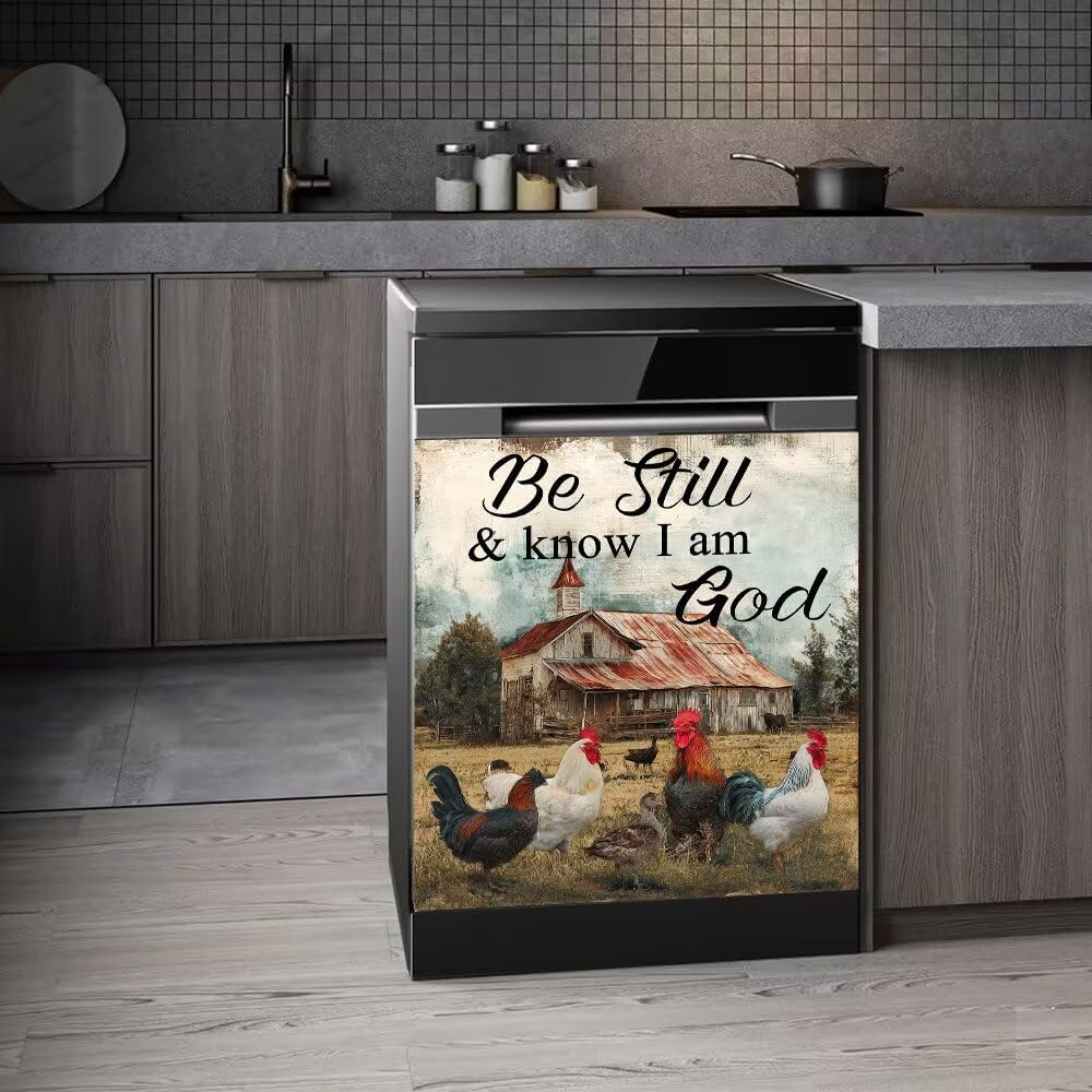 Farmhouse Chicken Front Door Dishwasher Magnet Cover,Decorative Be Still and Know That I am God Text Panel Sticker,23x26 ​​Inch Magnetic Dishwasher Cover for Refrigerators and Appliances