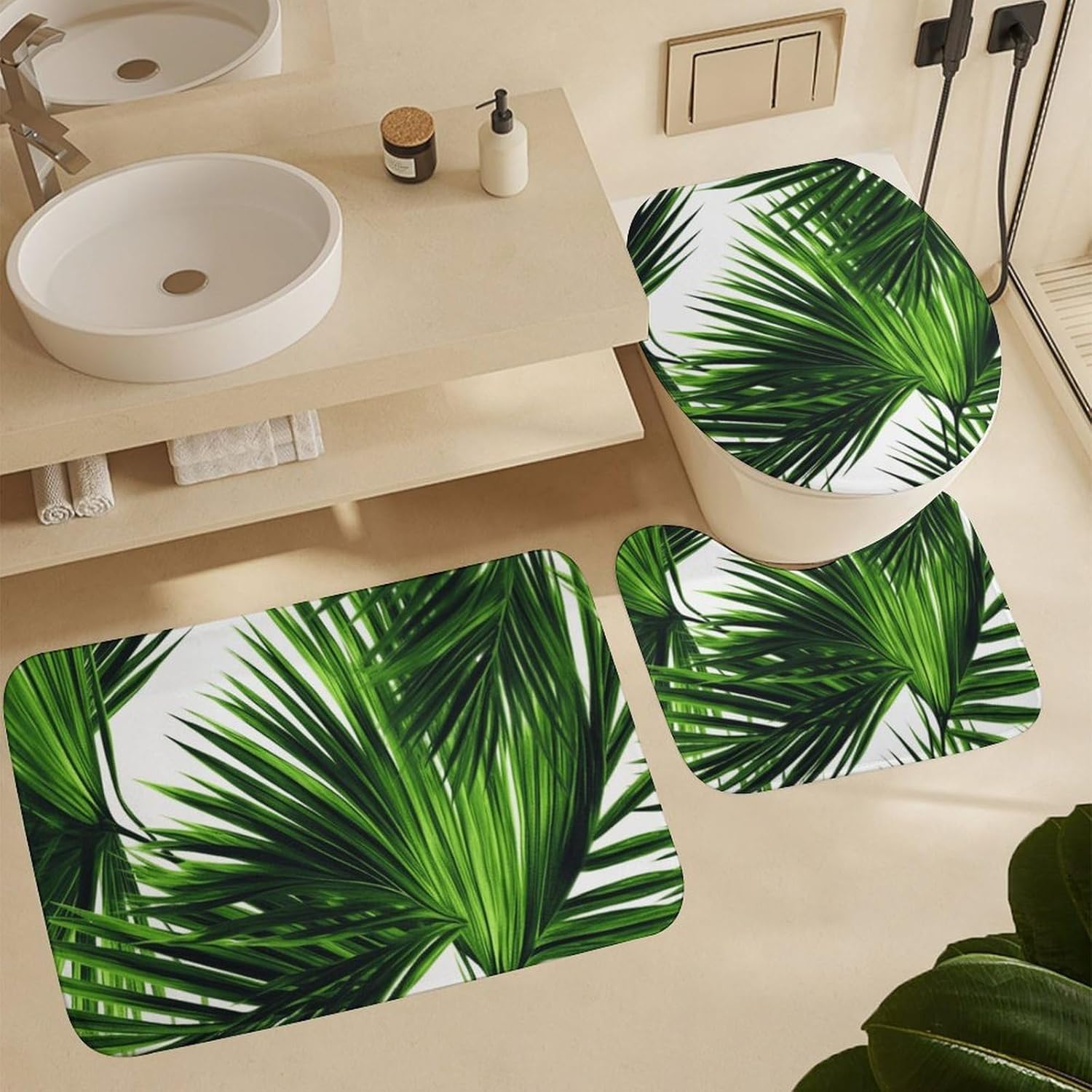 Palm Tree Green Leaves Shower Curtain Set 4 Piece, Non-Slip Bath Mat with Toilet Lid Cover and Waterproof Shower Curtain with 12 Hooks, Complete Bathroom Set for Home Decor