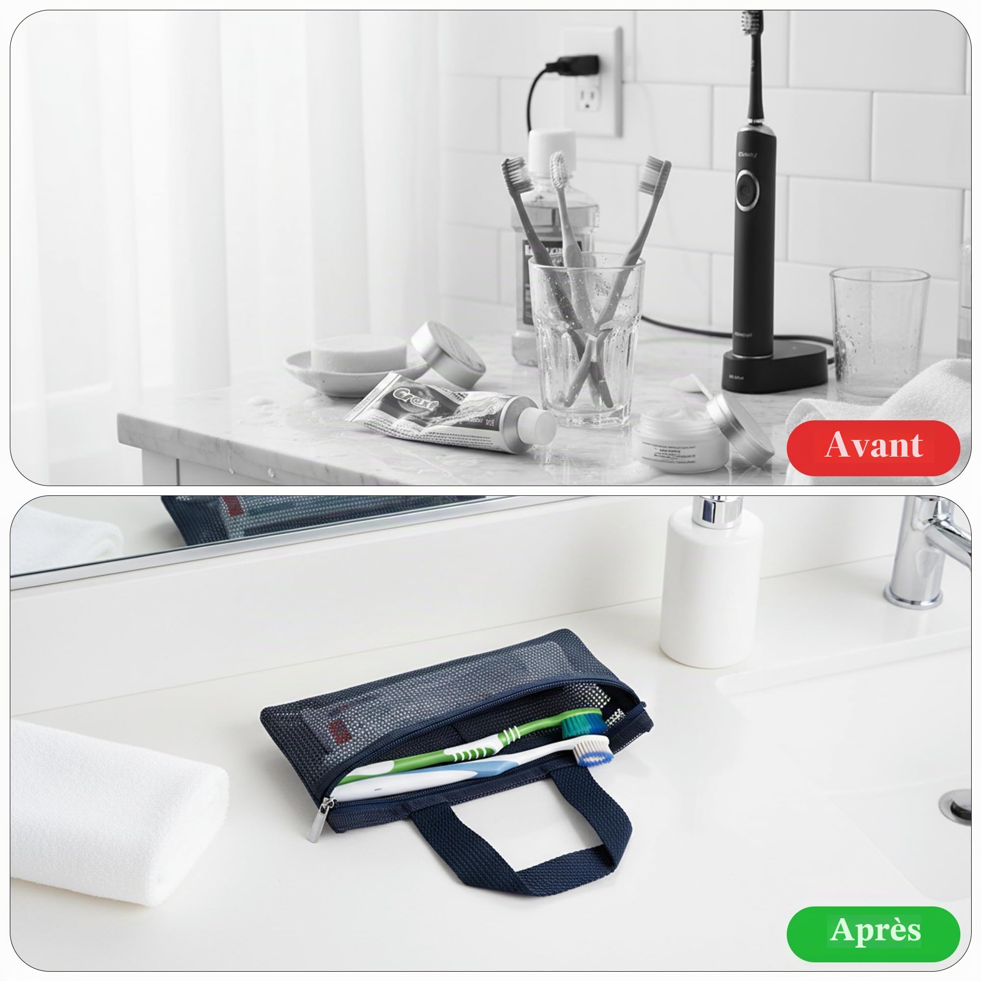 Linkidea Lot de 2 pochettes de voyage pour brosse à dents manuelles, sacs de transport portables en maille avec fermeture éclair pour dentifrice, compatibles avec Colgate Extra Clean, Oral-B