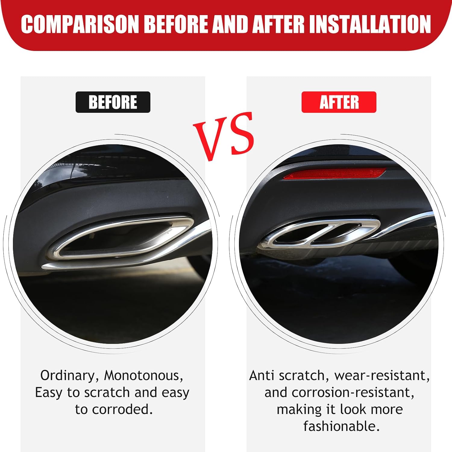 Car Exterior Exhaust Pipe Cover Compatible With Mercedes-Benz A B C E CLA CLS GLC GLE GLS Class W205 W213 X253 C257, Stainless Steel Tailpipe Exhaust Pipes Frame Trim (Chrome, Upgraded)