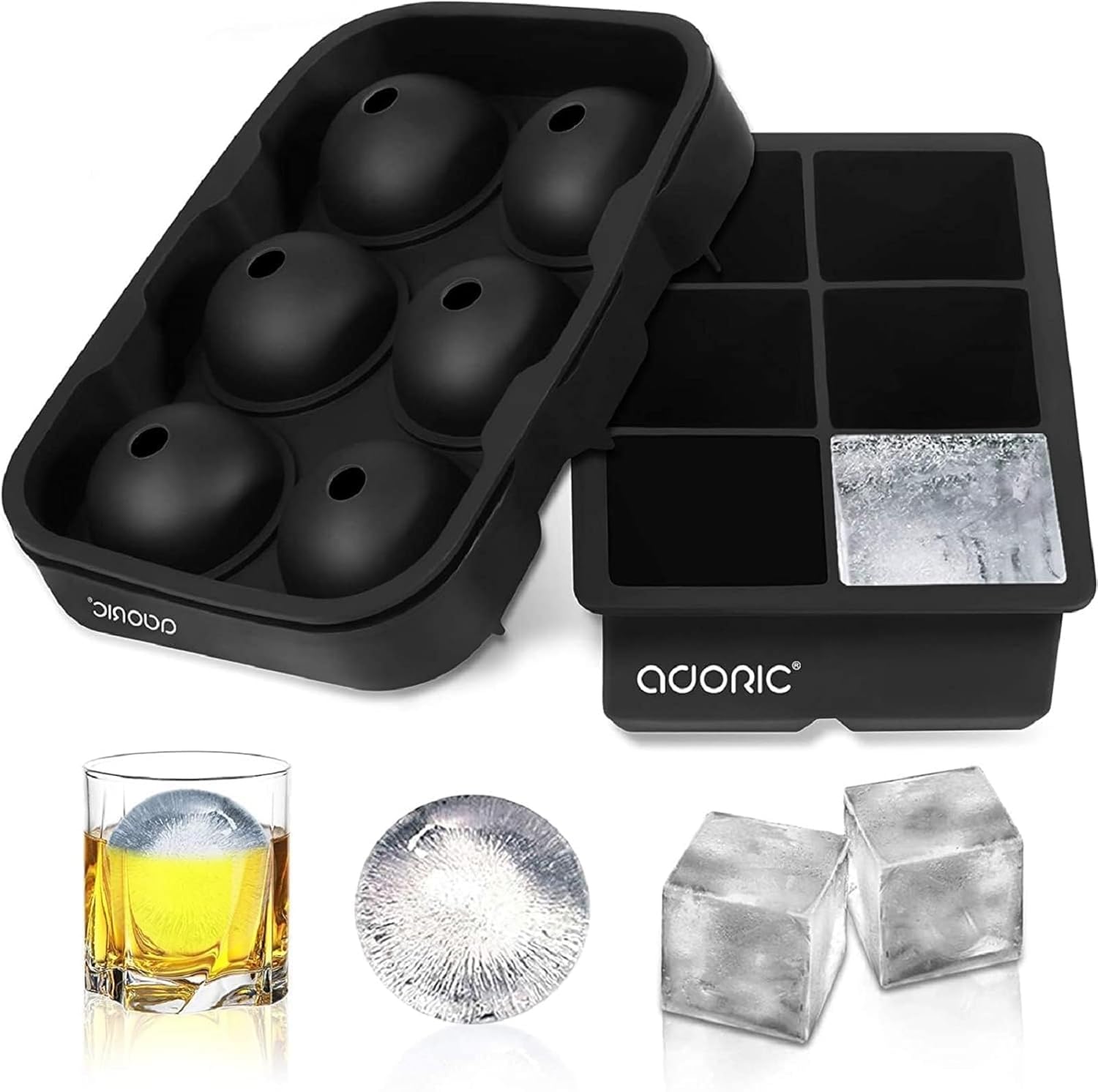 Ice Cube Tray, Large Square Ice Tray and Sphere Ice Ball Maker with Lid for Whiskey and Homemade, Reusable,Easy Demold (Silicone Ice Cube Molds Set of 2)