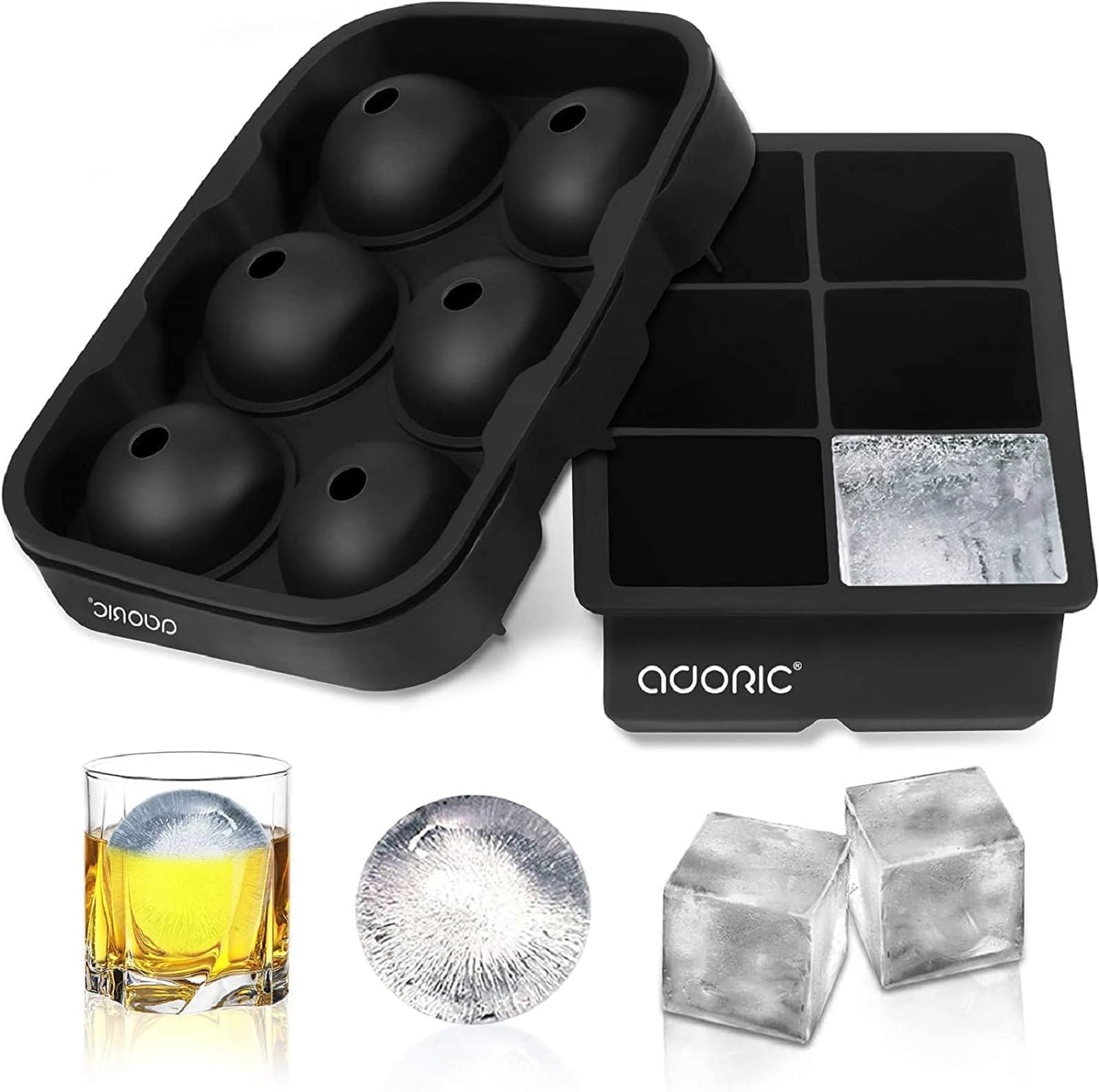 Adoric Ice Cube Trays Silicone Set of 2, Sphere Ice Ball Maker with Lid and Large Square Ice Cube Molds for Whiskey, Reusable and BPA Free