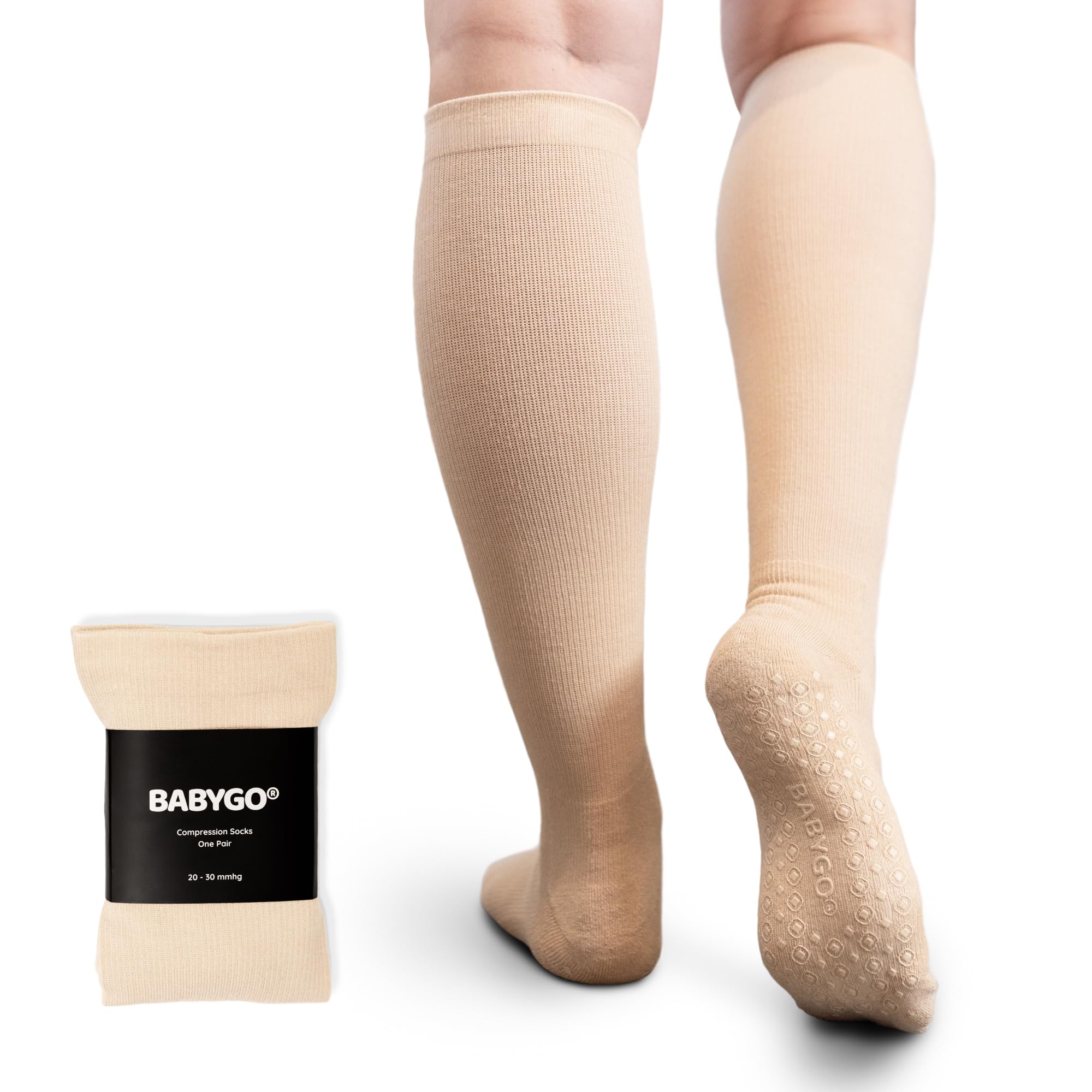 BABYGO® Compression Socks for Pregnancy – 20-30mmHg Maternity Support for Swelling, Circulation, Varicose Veins, Travel & Flights (Nude, M/L - Wide Calf)