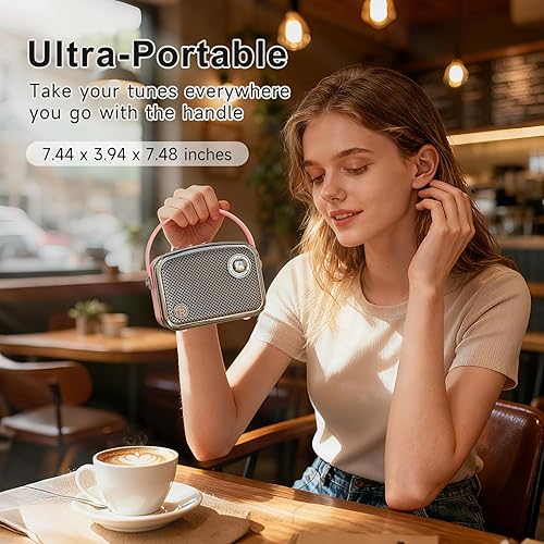 Miniatura 6 de Altavoz Bluetooth portátil de estilo vintage, marrón, diseño retro con rejilla de malla metálica, forma cuadrada compacta (rosa)