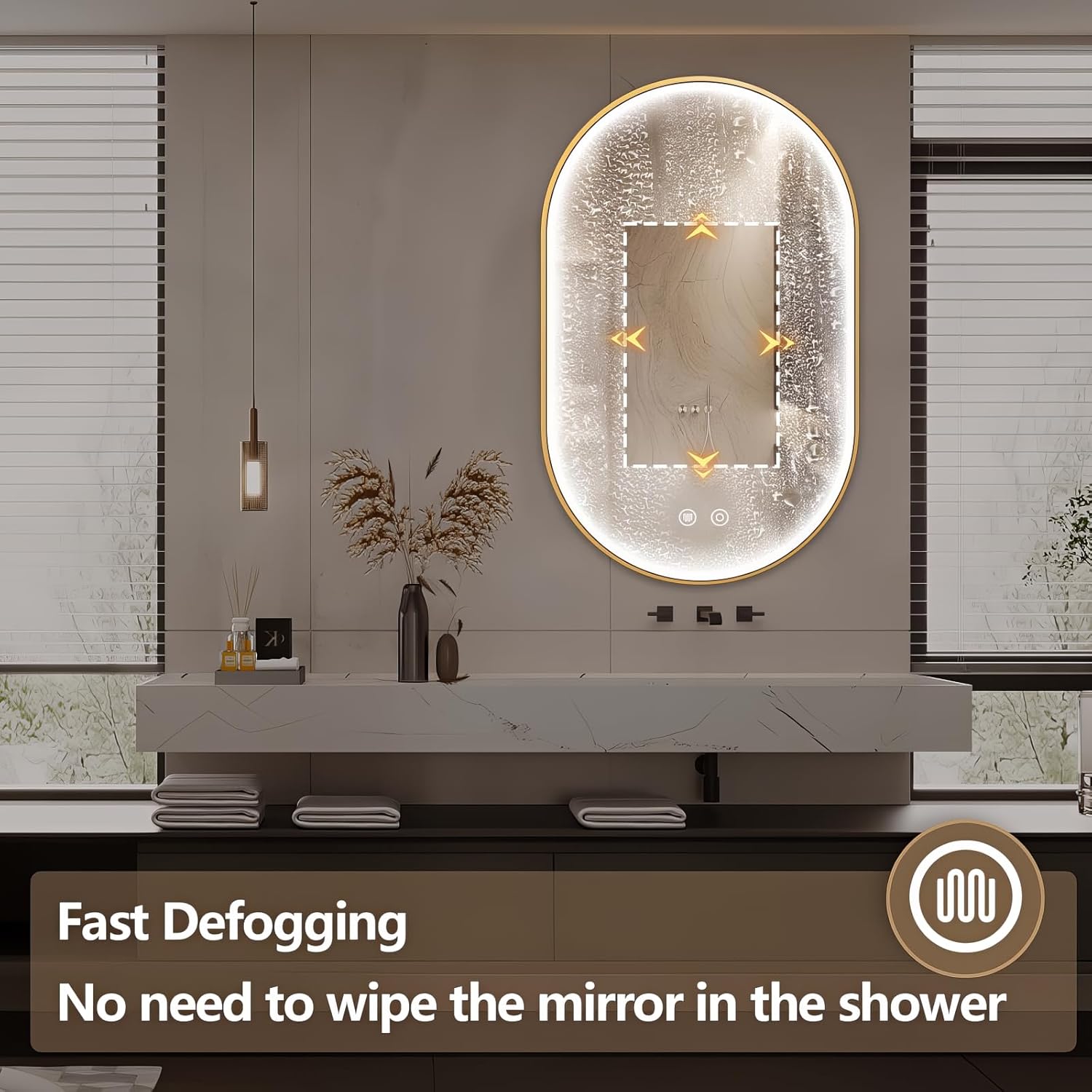 36"x24" Oval Led Mirror for Bathroom, Gold Metal Framed Lighted Vanity Mirror with Lights, Anti-Fog Light Up Mirror with 3 Colors Dimmable, Frontlit, Shatterproof, Horizontal/Vertical