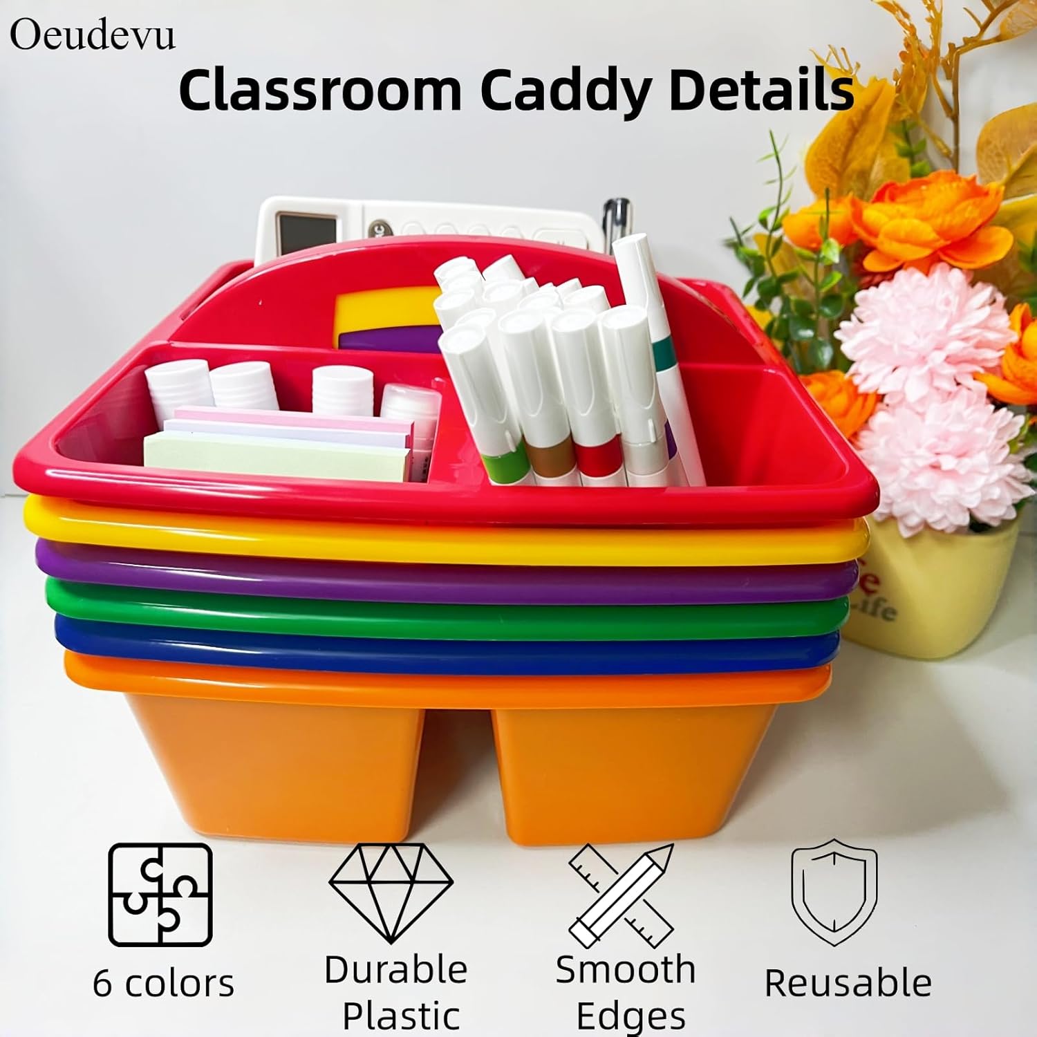 6 Pack Classroom Caddy, Art Caddy with 3 Compartment, Portable Storage Bin for Classroom, Office, and Home, Multiuse Table Organizer with Handle, Durable & Drop-Proof, Rainbow Colors