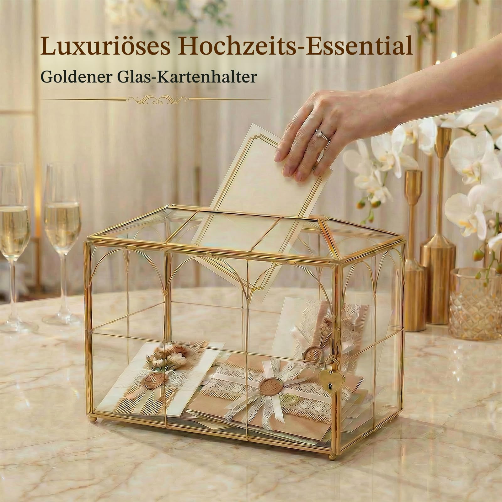 Kartenbox Hochzeit Glas Gold mit Herzschloss Schlüssel Deko | Große Transparente Glasbox für Geldgeschenke Briefe Geburtstag Feiern Postbox Vintage Messing Behaelter 26x15x21 cm Schatulle