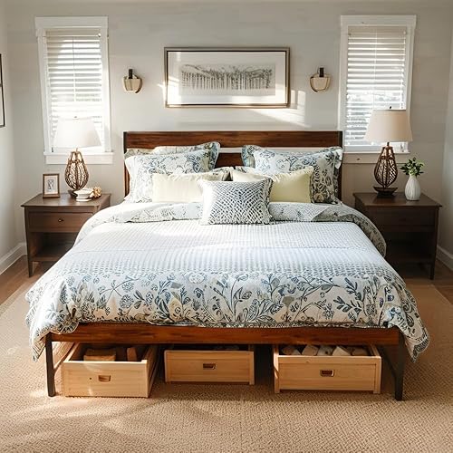 Miniatura 41 de Cama de plataforma de metal de tamaño individual con cabecera de madera, no necesita somier, fácil montaje, grano de madera negro Grano de madera