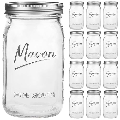 Galssmagic Mason Jars 32 oz 12 Pack Quart Wide Mouth Mason Jar