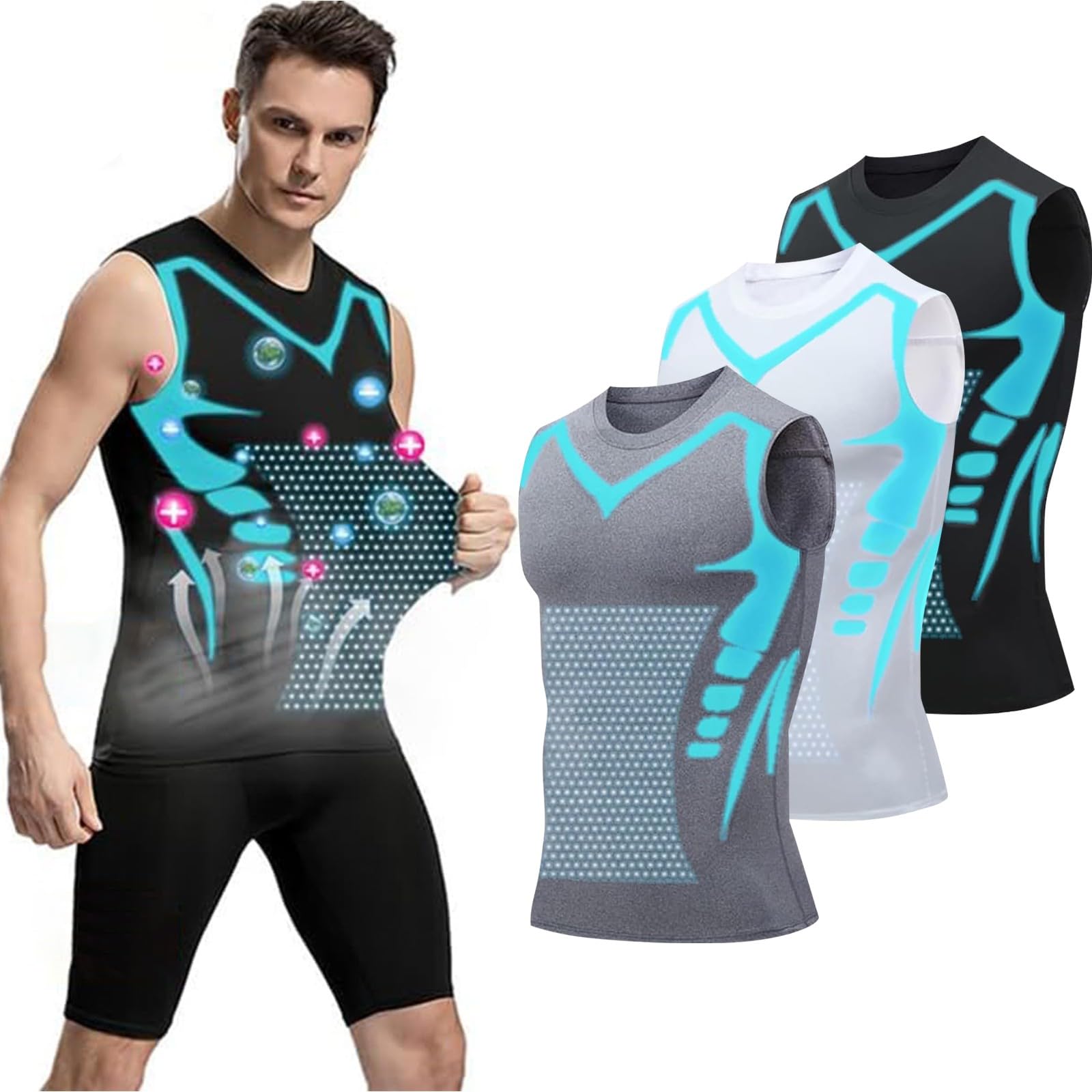 Ionic Shaping Vest,Powershape Vest,Power Shape Vests,débardeur De Compression Homme,Debardeur Homme,Gilet Modelant Ionique Nouvelle Édition,Men Body Shaper Slimming Vests Breathable Ice-Silk 3PC