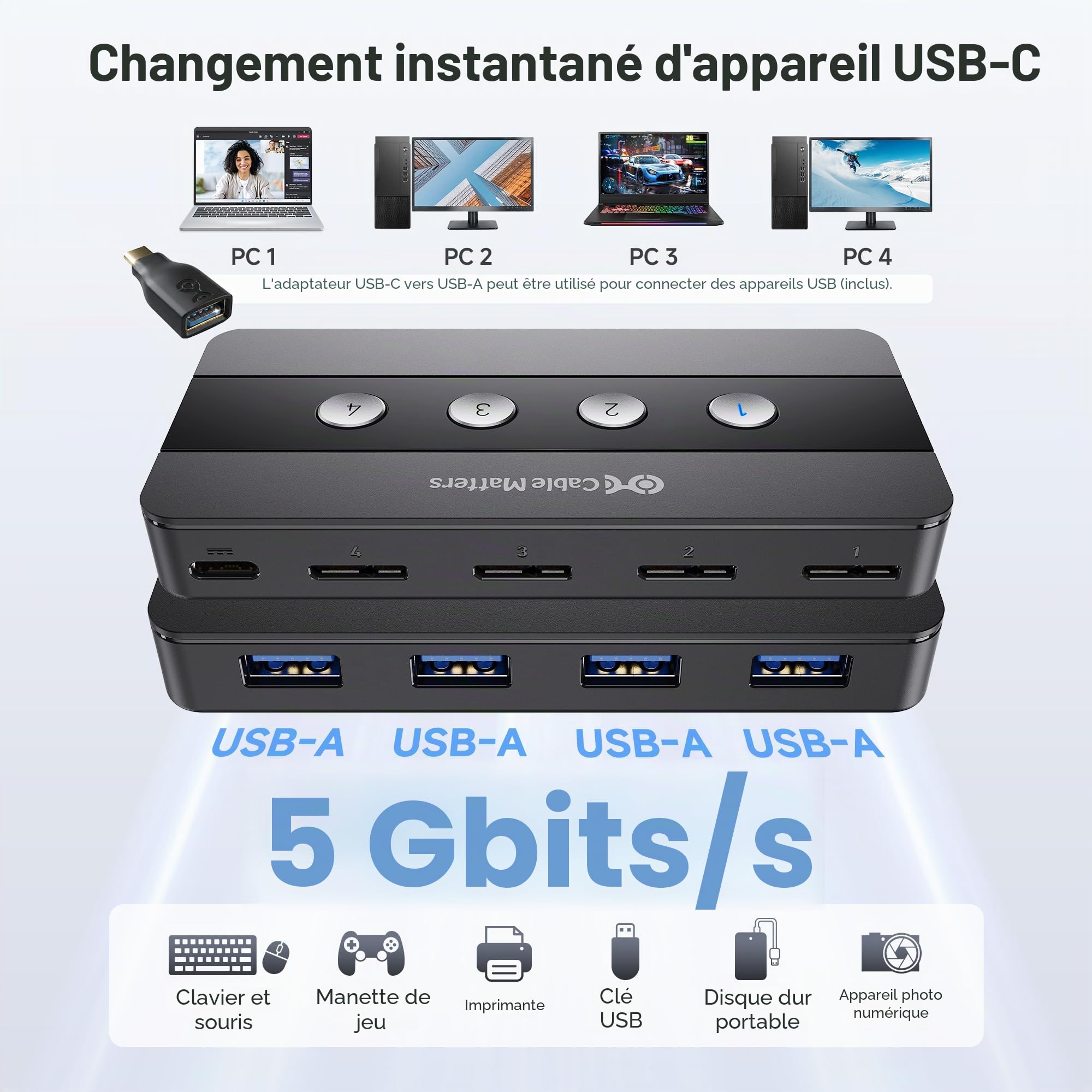 Cable Matters Commutateurs KVM 4 Ports USB 3.0 Hub USB pour 4 Ordinateurs et périphériques USB (KVM Switch)- Commande d'hôte à Bouton ou sans Fil - Adaptateur USB-C Inclus pour USB-C et Thunderbolt 3