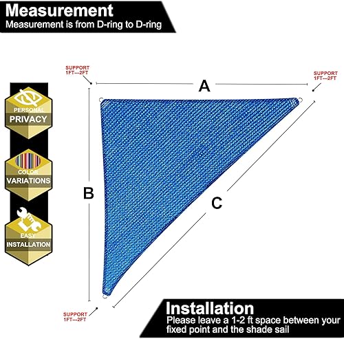 Miniatura 3 de Toldo triangular de 17 x 19 x 25.5 pies, color azul, con borde recto, toldo triangular para exteriores, cubierta para pérgola con bloqueo UV,