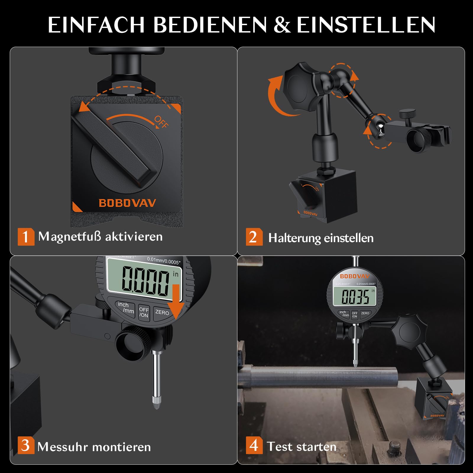 Digital Messuhr-Set mit Magnetfuß 0-25,4 mm, Auflösung 0,01 mm, mm/Zoll umschaltbar, 40 kg Haltekraft, flexibler 3-Gelenk-Arm Messwerkzeug– Für Labor Drehmaschinen, Fräsmaschinen & Werkstatt