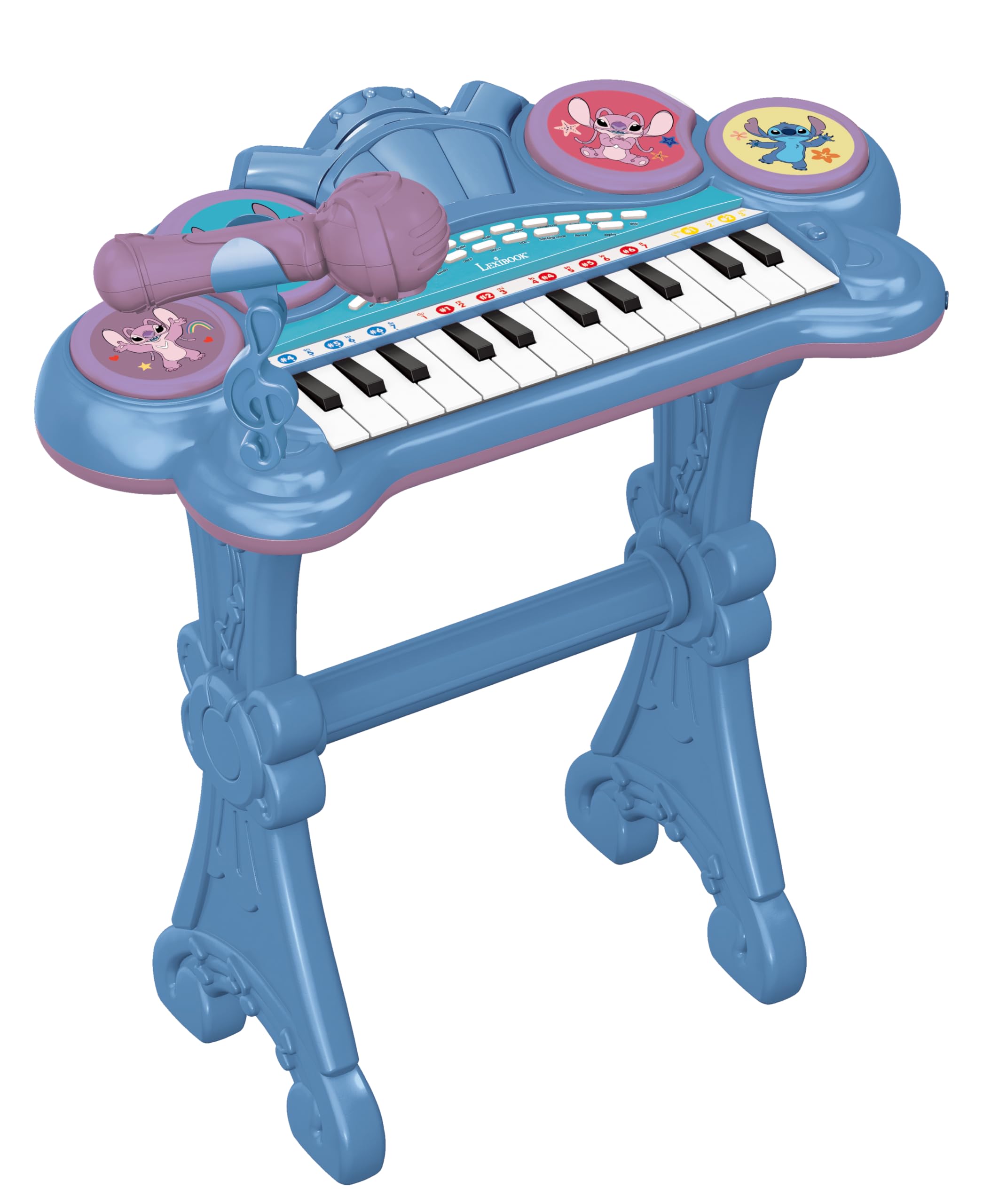 Lexibook, Tastiera pianoforte elettronica Disney Stitch, 8 tonalità, 4 ritmi, modalità di apprendimento luminosa, microfono e sgabello inclusi, K707D