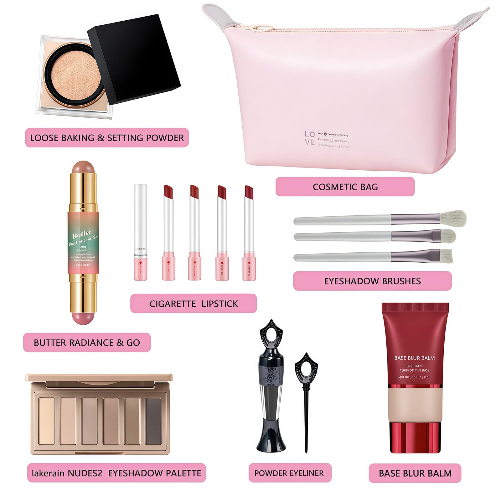 Kit di trucco da viaggio completo con bastoncino di burro in polvere e 6 ombretti, per un'applicazione rapida in viaggio, set cosmetico multiuso