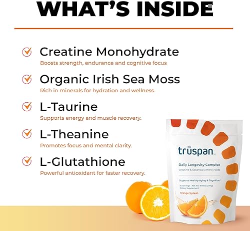 Miniatura 2 de TruSpan Daily Longevity Complex Creatina en polvo, con aminoácidos esenciales, sin azúcar, sabor a salpicaduras de naranja, 30 porciones