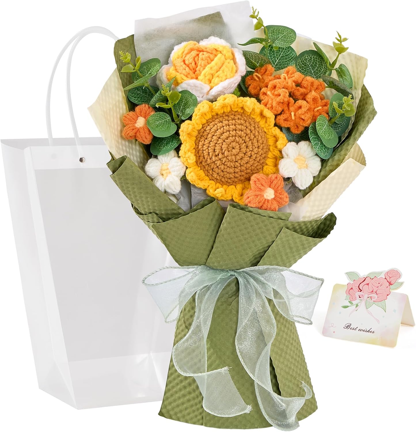 Alecono Crochet Flower Bouquet, Knitted Sunflower Flowers, Green Handmade Bouquet of Flowers for Lover Anniversary Birthday Party Mother's Day Graduation Gifts (Include Card)