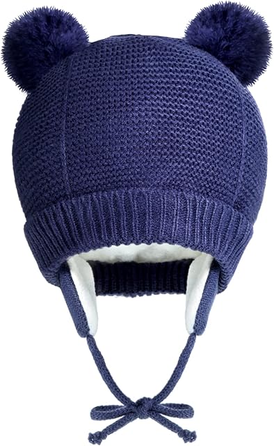 eBoot Cute Baby Hat Winter Warm Earflap Cap Knitted Baby Winter Hat Girls Boys Hat Pompom Baby Beanie for Baby 0-12 Months