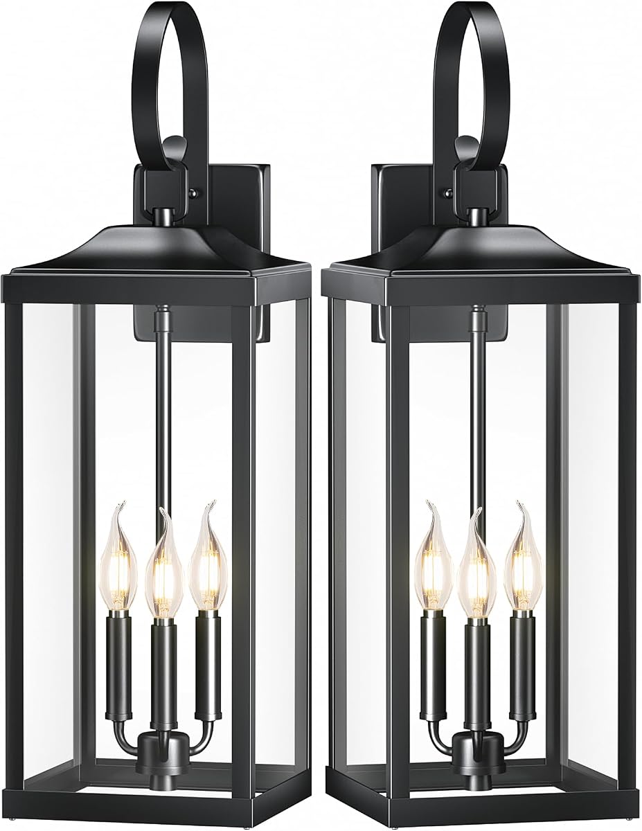 24" Extra Large Outdoor Wall Light Fixtures, Modern Outside Wall Sconces | Waterproof Exterior Lighting Fixtures, Outdoor Porch Lanterns Coach Lamp with Tempered Glass for House, E12, Black, 2-Pack
