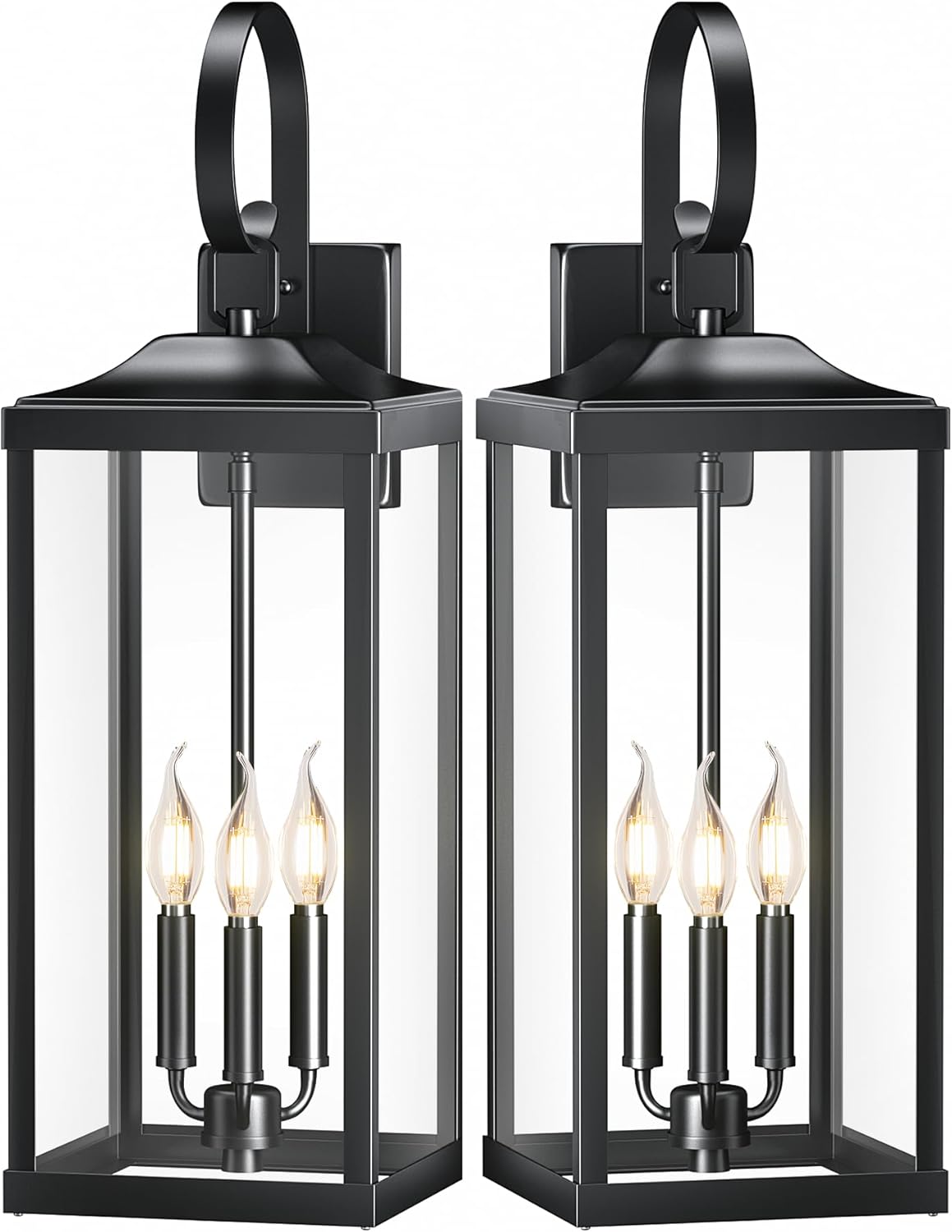 2 Packs 24" Extra Large Outside Wall Light Fixture 3-Light, Black Outdoor Porch Lantern Wall Mounted, Waterproof Modern Outside Wall Sconce Coach Lamp for House, E12