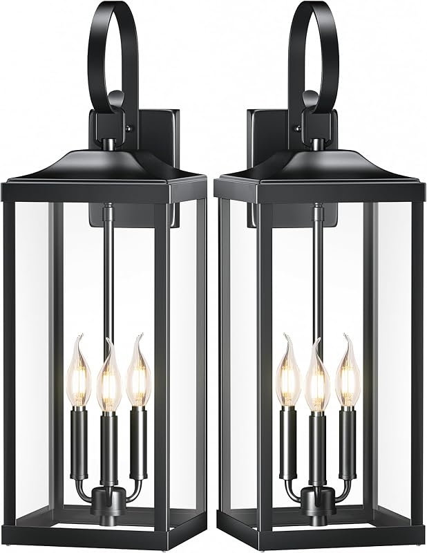 24" Extra Large Outdoor Wall Light Fixtures, Modern Outside Wall Sconces | Waterproof Exterior Lighting Fixtures, Outdoor Porch Lanterns Coach Lamp with Tempered Glass for House, E12, Black, 2-Pack