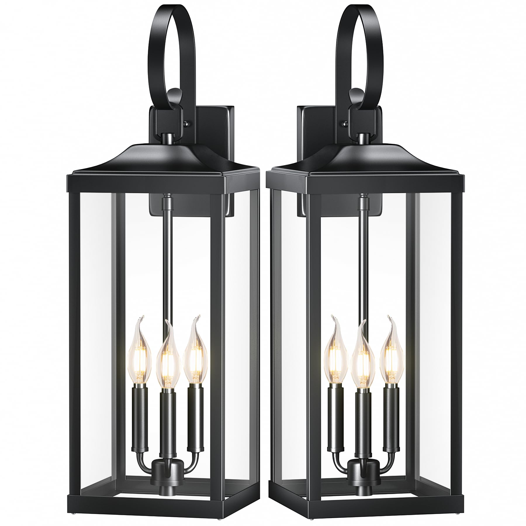 2 Packs 24" Extra Large Outside Wall Light Fixture 3-Light, Black Outdoor Porch Lantern Wall Mounted, Waterproof Modern Outside Wall Sconce Coach Lamp for House, E12