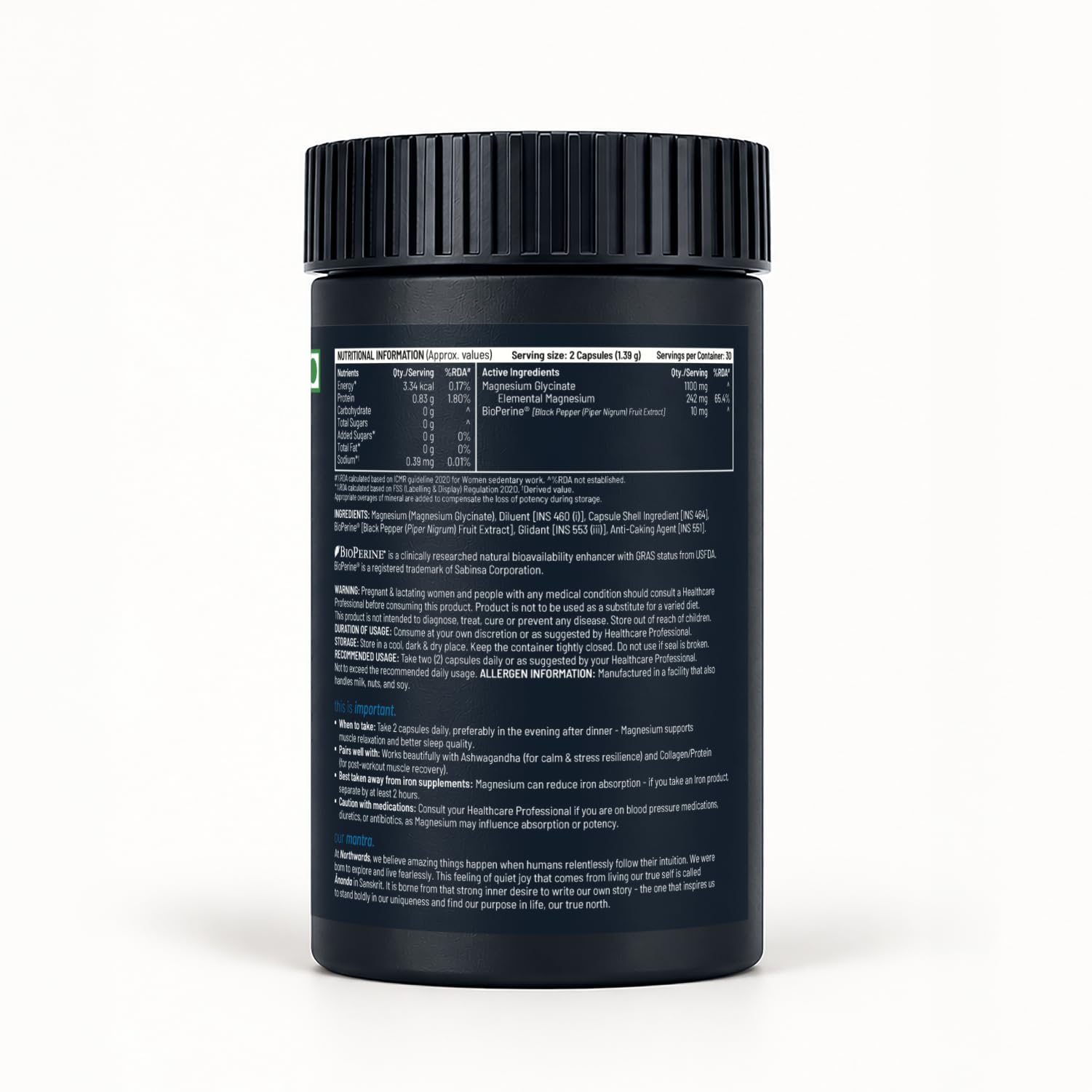 Northwards Magnesium Glycinate with BioPerine® | High Bioavailability Magnesium Supplement Formula With 65.4% RDA | Muscle Relaxation, Energy & Nervous System Support | 60 Capsules — Amazon image 8