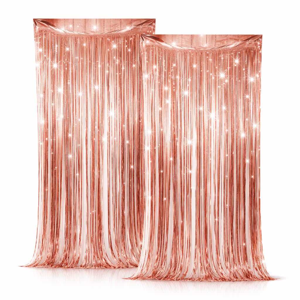 Rosegold Tinsel Foil Fringe Curtain 2Pcs - Party Decor 3.2ft x 6.4ft | Shimmering Door & Wall Decoration for Birthday, Wedding, Christmas, New Year, Photo Booth & Hen party. โ image 1
