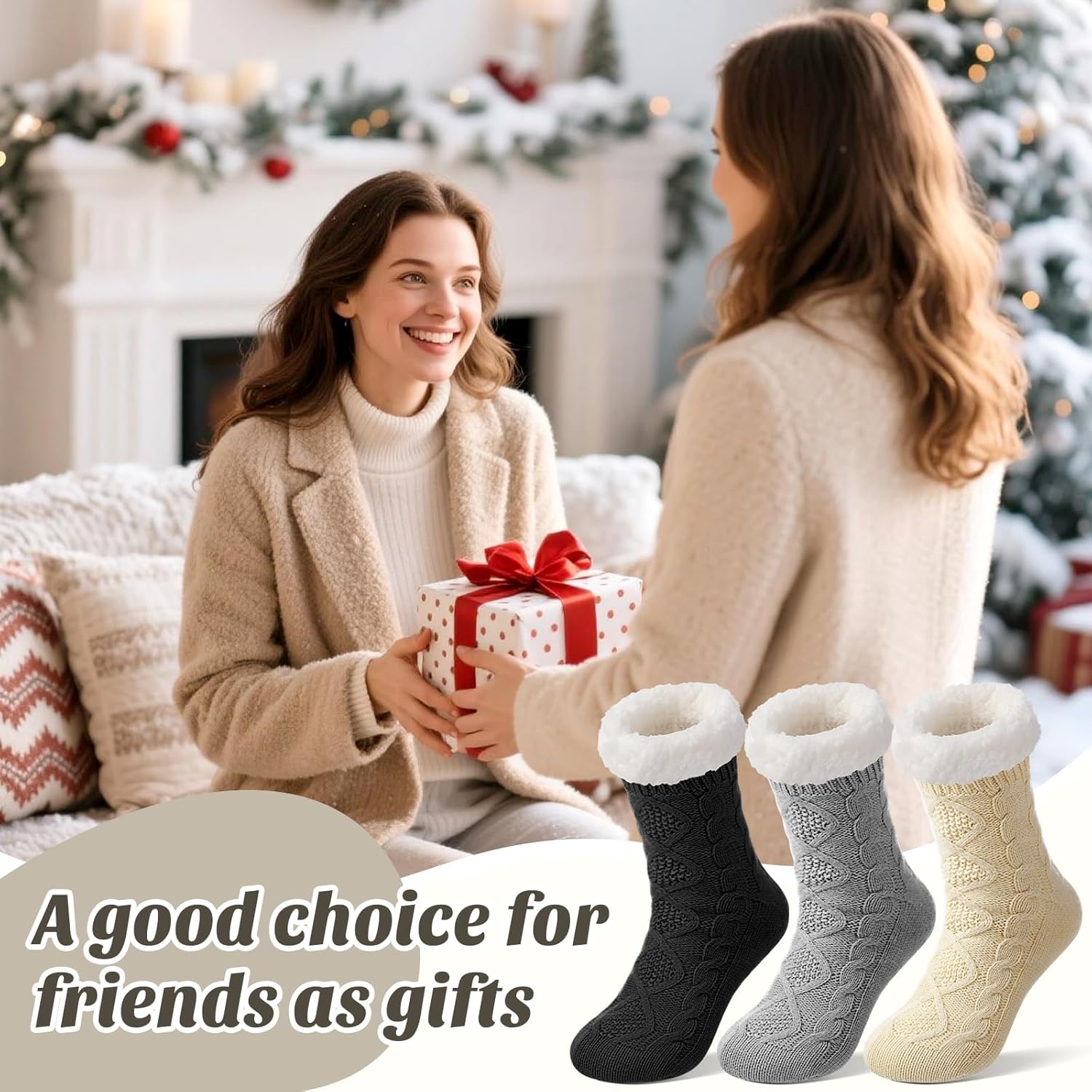 Foaincore 3 Pairs Slipper Socks with Grips for Women Non Slip Thick Fuzzy Socks Winter Warm Slipper for Christmas Women Gifts - Image 7