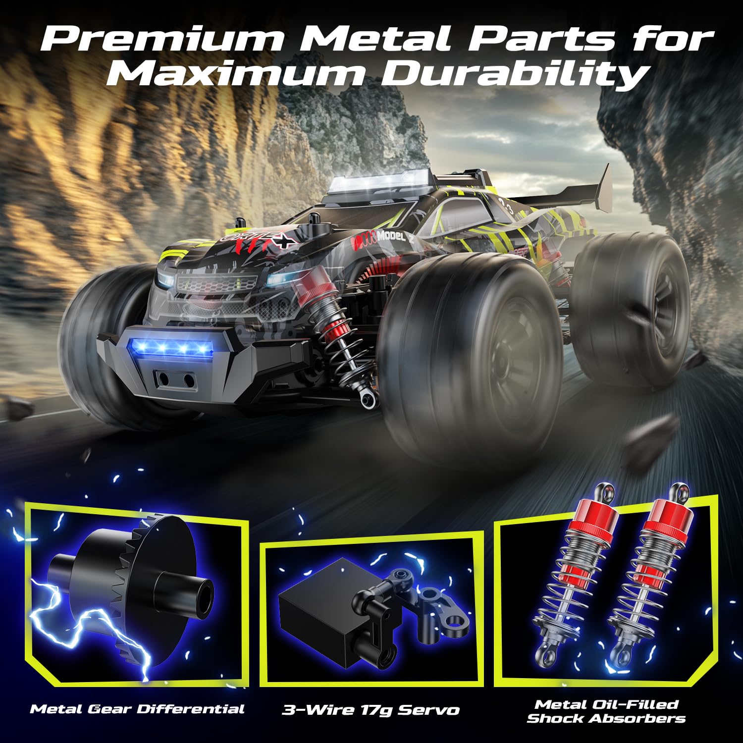DEERC 1:14 Macchina Telecomandata Brushless per Adulti, 43MPH 4WD off-road con luci LED a 7 colori, ammortizzatori in metallo, 2 batterie 7,4V, trasmissione in metallo, 3 modalità luce.