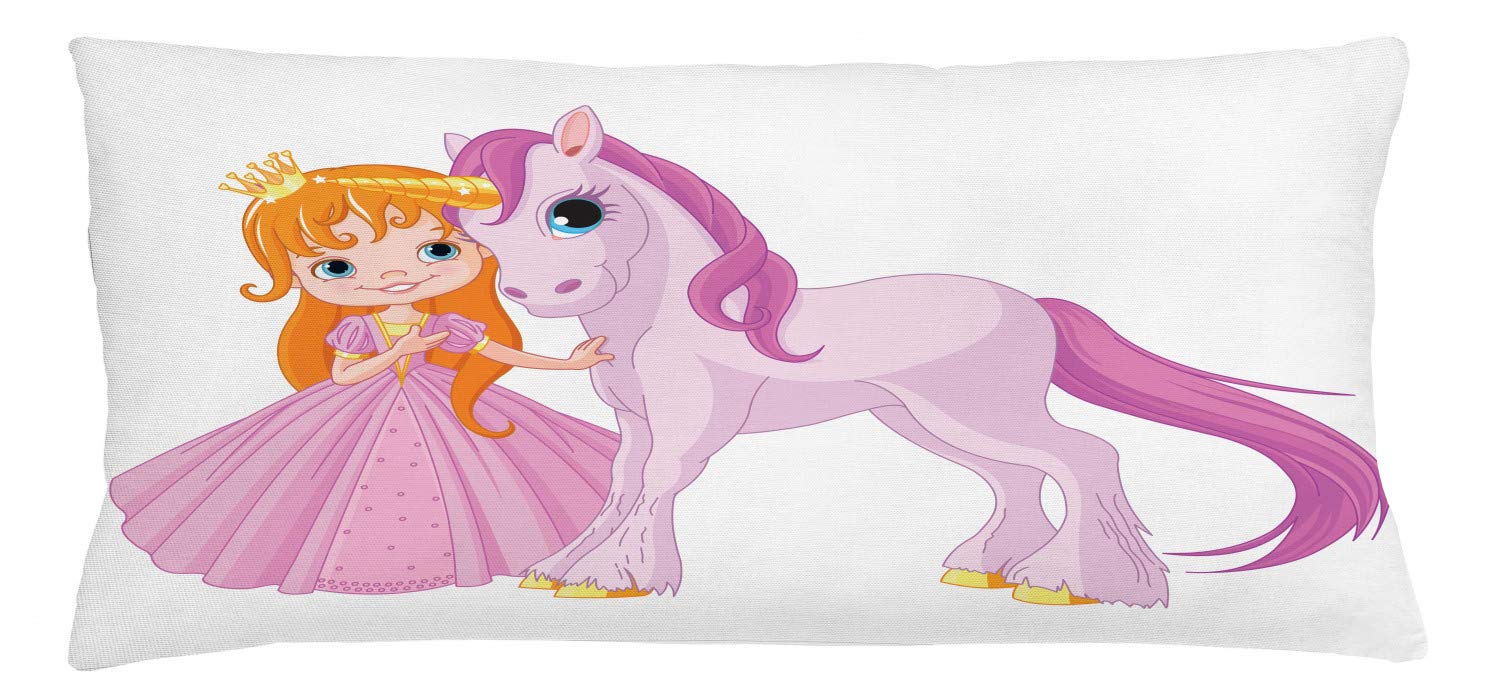 Lunarable Cartoon Throw Pillow Cushion Cover, Girl with Magic Unicorn Horse Fantasy Stallion Graphic Medieval Tale, Decorative Square Accent Pillow Case, 36