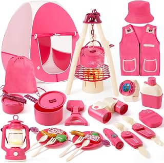 Kids Camping Set Toys with Pop Up Tent, Campfire Gear Tools Essentials for Indoor Outdoor Pretend Play, Christmas Birthday Gifts for Toddlers Girls Age 3 4 5 6 7 8 Year Old