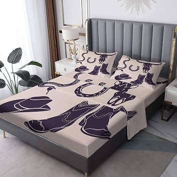 Western Cowboy Kids Sheets Twin XL Sheet Set, Skull Snake Horseshoe Boots Hat Bed Sheets, Wild West Bedding Bedroom Decor, Soft Microfiber Deep Pocket Fitted Sheet & Flat Sheet & 1 Pillowcase
