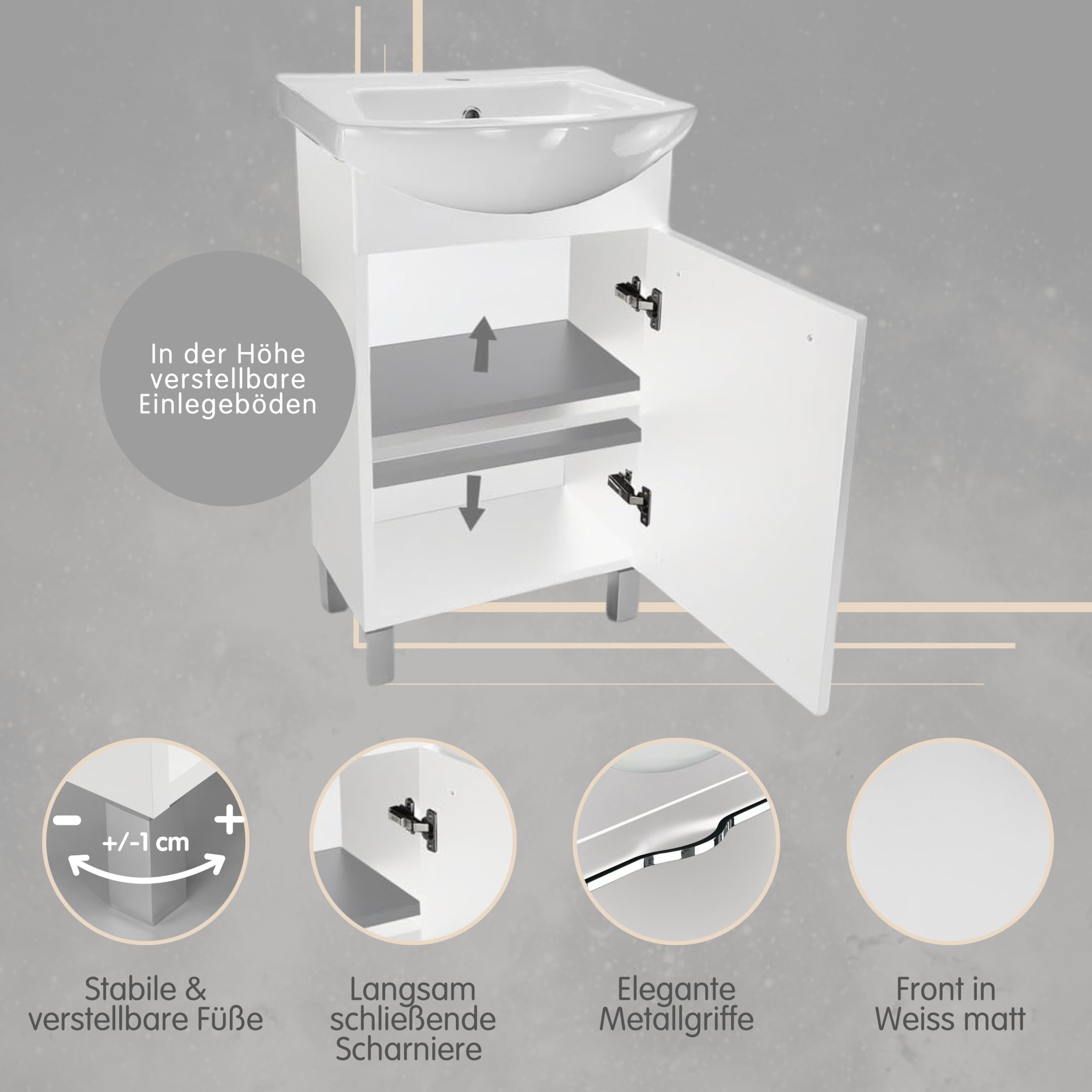 Waschbecken mit Unterschrank 50 cm Breite, Altea Waschbeckenunterschrank mit Waschbecke Weiß - Bad Waschtischunterschrank, Badezimmer Unterschrank, Badezimmerschränke
