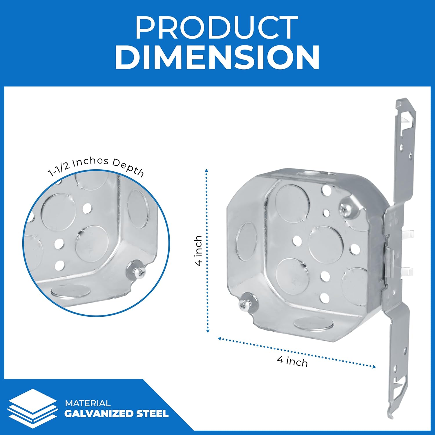 OHLECTRIC 4” Welded Octagon Steel Electrical Box| 1-1/2" Deep Box 1/2” Knockouts with Side Bracket, Fire Rated | Ideal for Lighting Fixtures, Switches and Receptacles (4-Pack)
