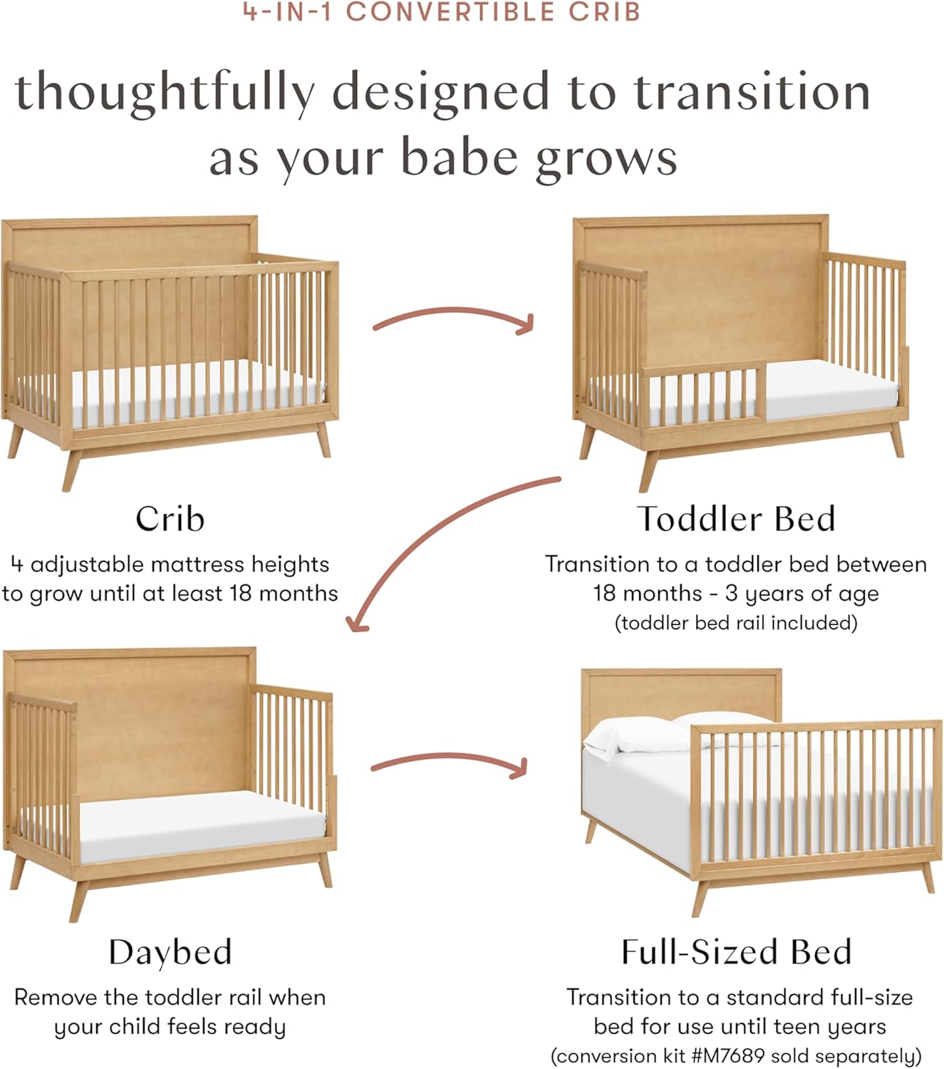 Babyletto Palma 4-in-1 Convertible Crib with Toddler Bed Conversion Kit in Honey, Greenguard Gold Certified