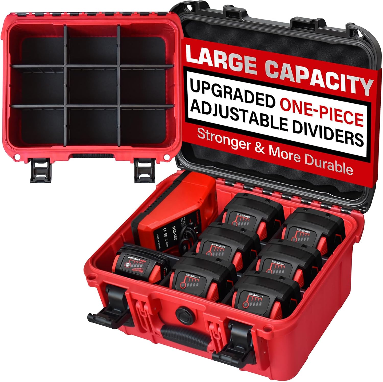 Case for Milwaukee Battery – Waterproof Extra Large Hard Storage Box with 8 Adjustable One-Piece Molded Dividers, Heavy Duty Protective Organizer for Milwaukee Battery & Charger