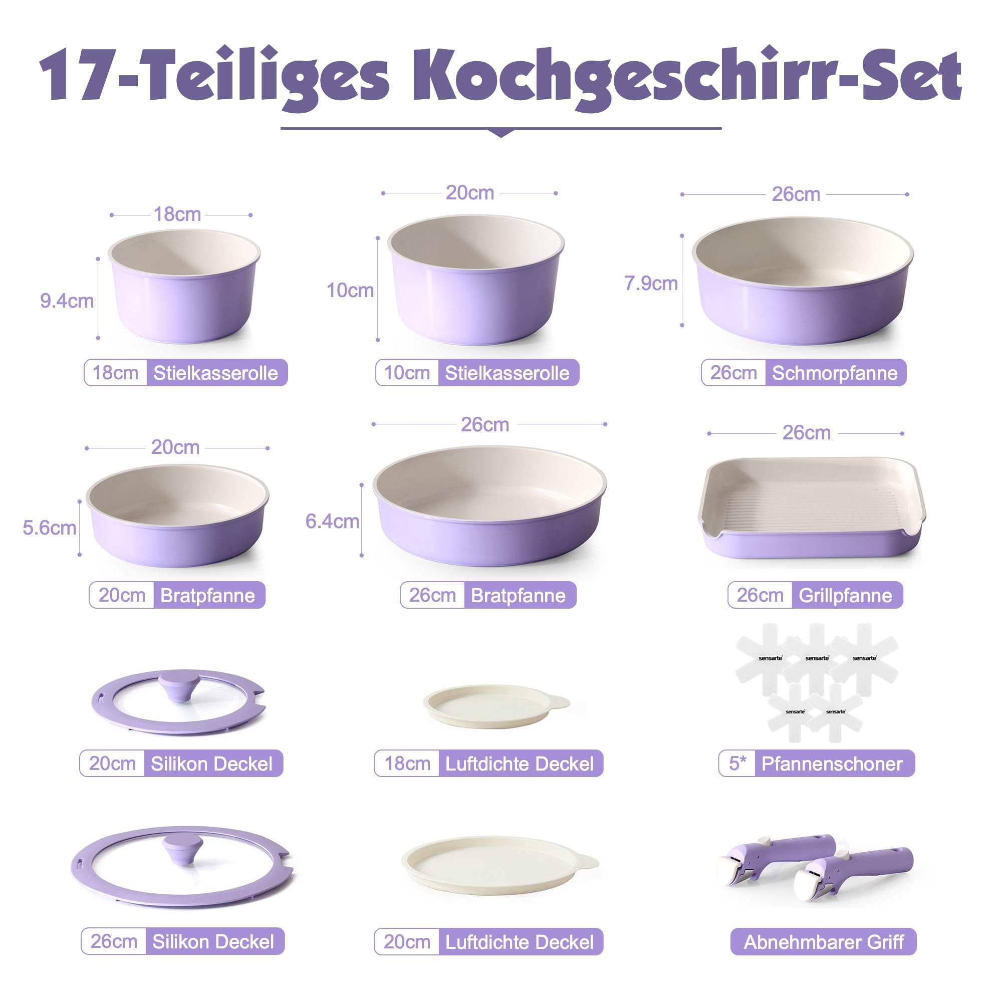 SENSARTE Juego de Ollas y Sartenes de Cerámica 17 Piezas, Utensilios de Cocina Antiadherentes con Mango Desmontable, Apto para Todo Tipo de Cocinas, Aptos para Lavavajillas y Horno (Morado)
