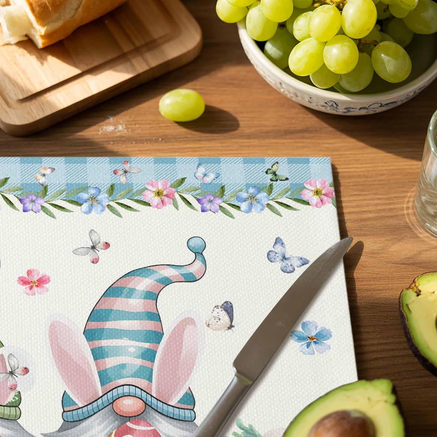 Easter Basket Eggs Placemats Set of 6 - Washable Woven Burlap Cloth Fabric Placemat for Square/Rectangle/Round/Oval Dining Table,Easter Gnomes Bunny Blue Plaid Flower Easy Clean Place Mats for Kids