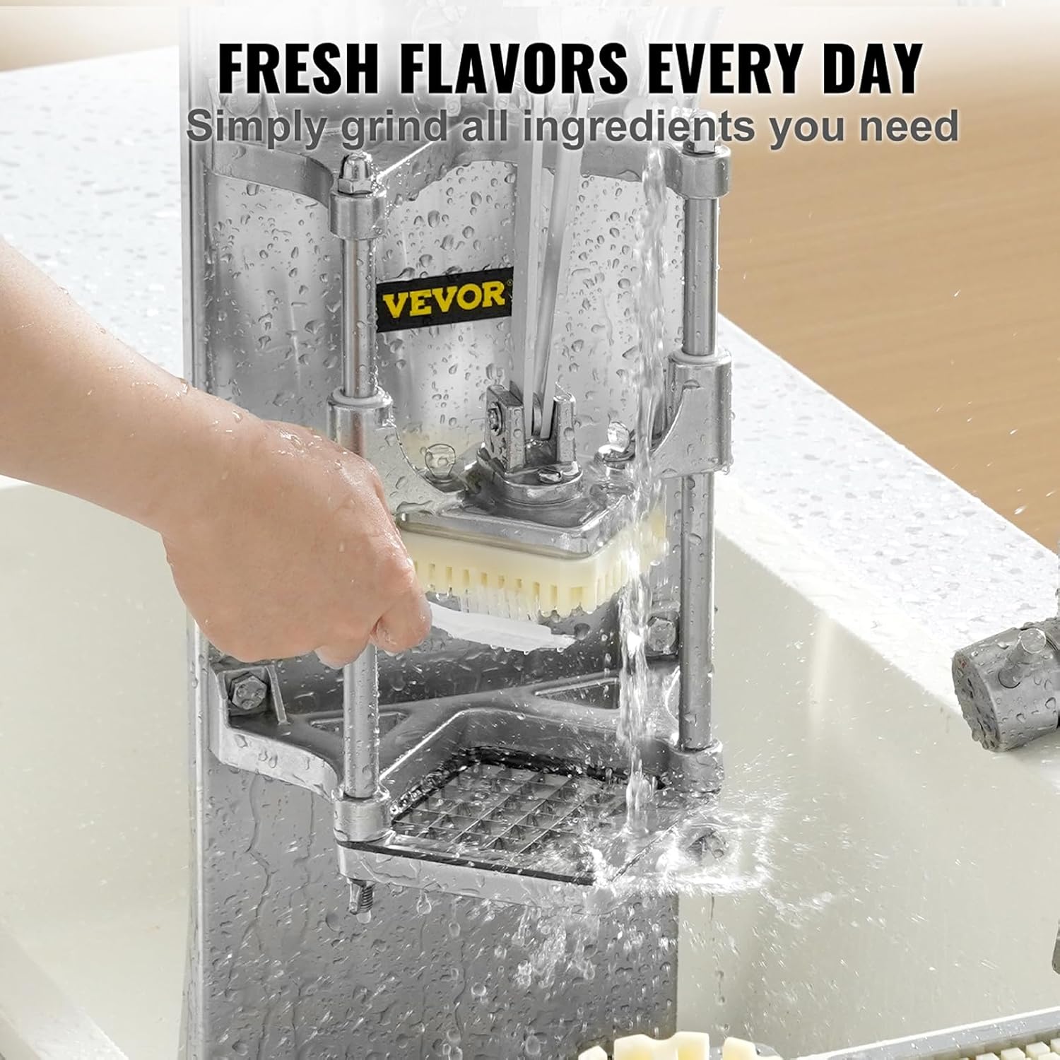 VEVOR Commercial French Fry Cutter with 4 Replacement Blades, 1/4 and 3/8 Blade Easy Dicer Chopper, 6-wedge Slicer and 6-wedge Apple Corer, Lemon Potato Cutter for French Fries with Extended Handle