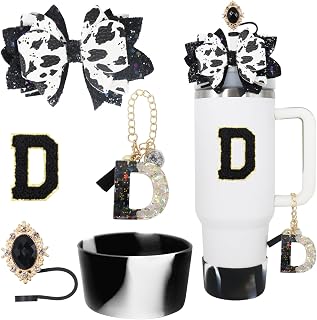 5PCS Black White Cup Accessories Set for Stanley 30&40oz Tumbler-D | Straw Topper ,Glitter Silicone Boot,Straw Bow Decorate,Name Id Letter Charm,Initials Sticker,Charm Accessories