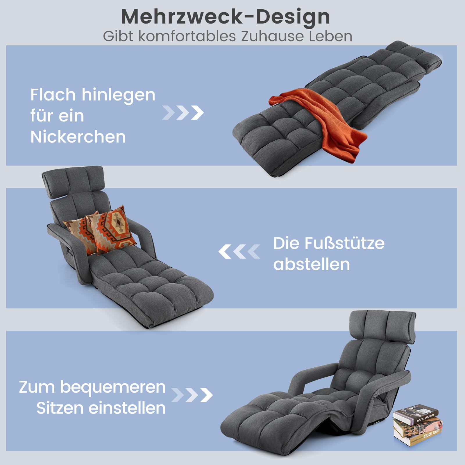 RELAX4LIFE Relaxliege, Bodenliege 6-Fach Einstellbar, Bodenstuhl Faltbar, Relaxsessel mit Schlaffunktion, Liegesessel mit Armlehnen, bis 140kg belastbar, Klappsessel für Schlafen Lesen (Dunkelgrau)