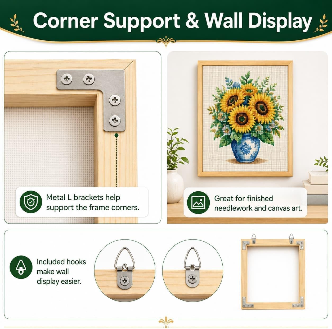 Needlepoint Stretcher Bars Kit, 24 Pcs Wooden Frame Set, 6-16 Inch | 6-size wooden canvas frame bars with L brackets, push pins, hooks, screws and tack remover for cross stitch and artwork