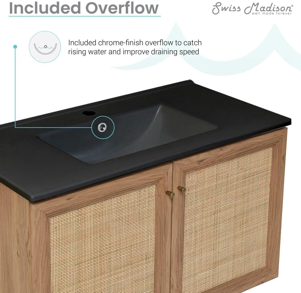 Swiss Madison Classe 36 in. Brown Oak Wall Hung Bathroom Vanity with Black Ceramic Sink Top