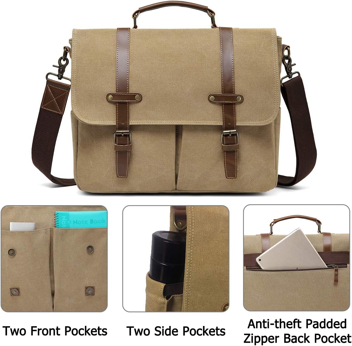 Kasqo Mens Messenger Bag, 15.6 Inch Water resistence Vintage Canvas Briefcase Satchel Bag Shoulder Work Bag Padded Shockpoof