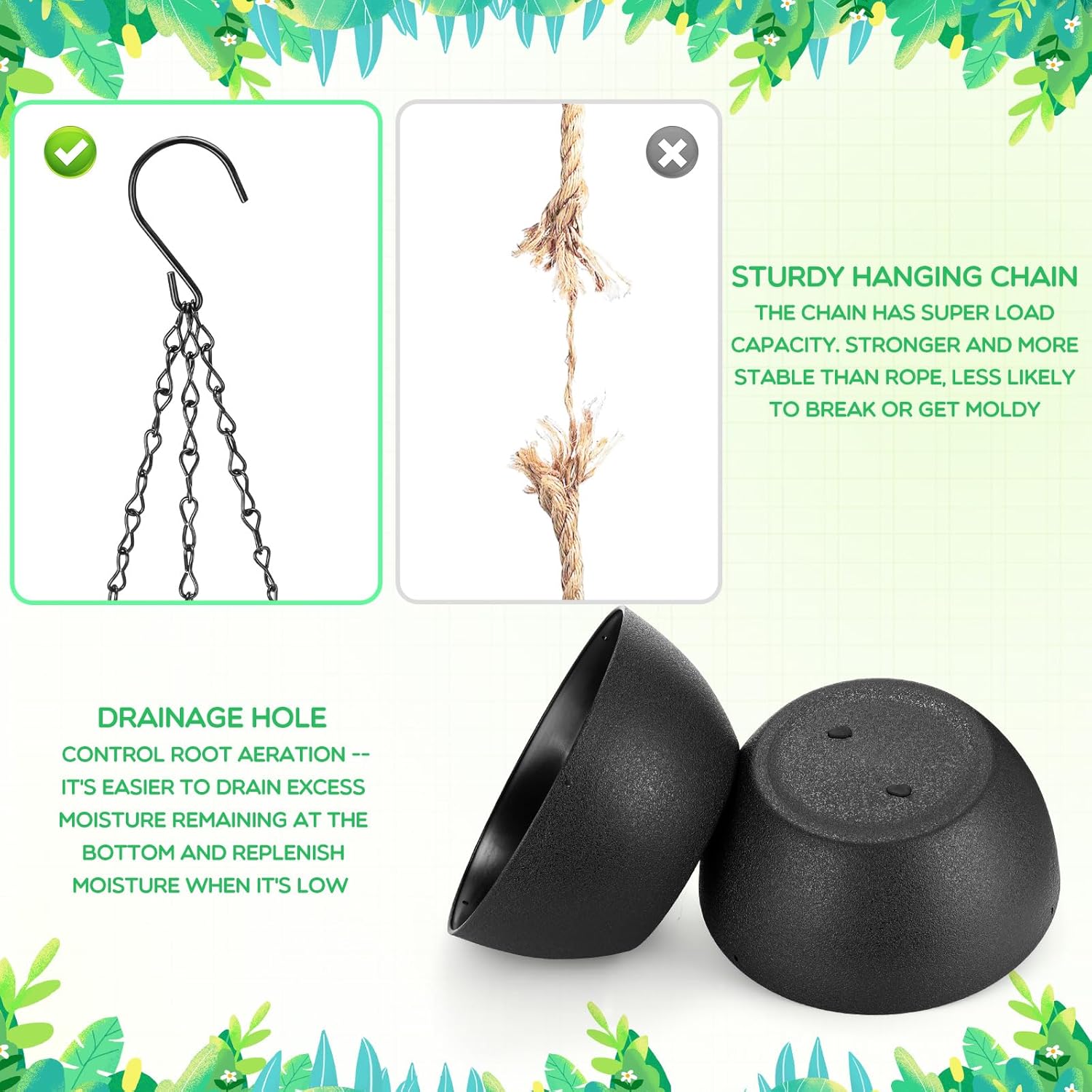Maxcheck 4 Pack 13 Inch Large Hanging Planters Indoor Outdoor Flower Pots, Plant Containers with Drainage Hole Round Hanging Plant Pot for Home Garden Porch Balcony Patio Decor(Black)