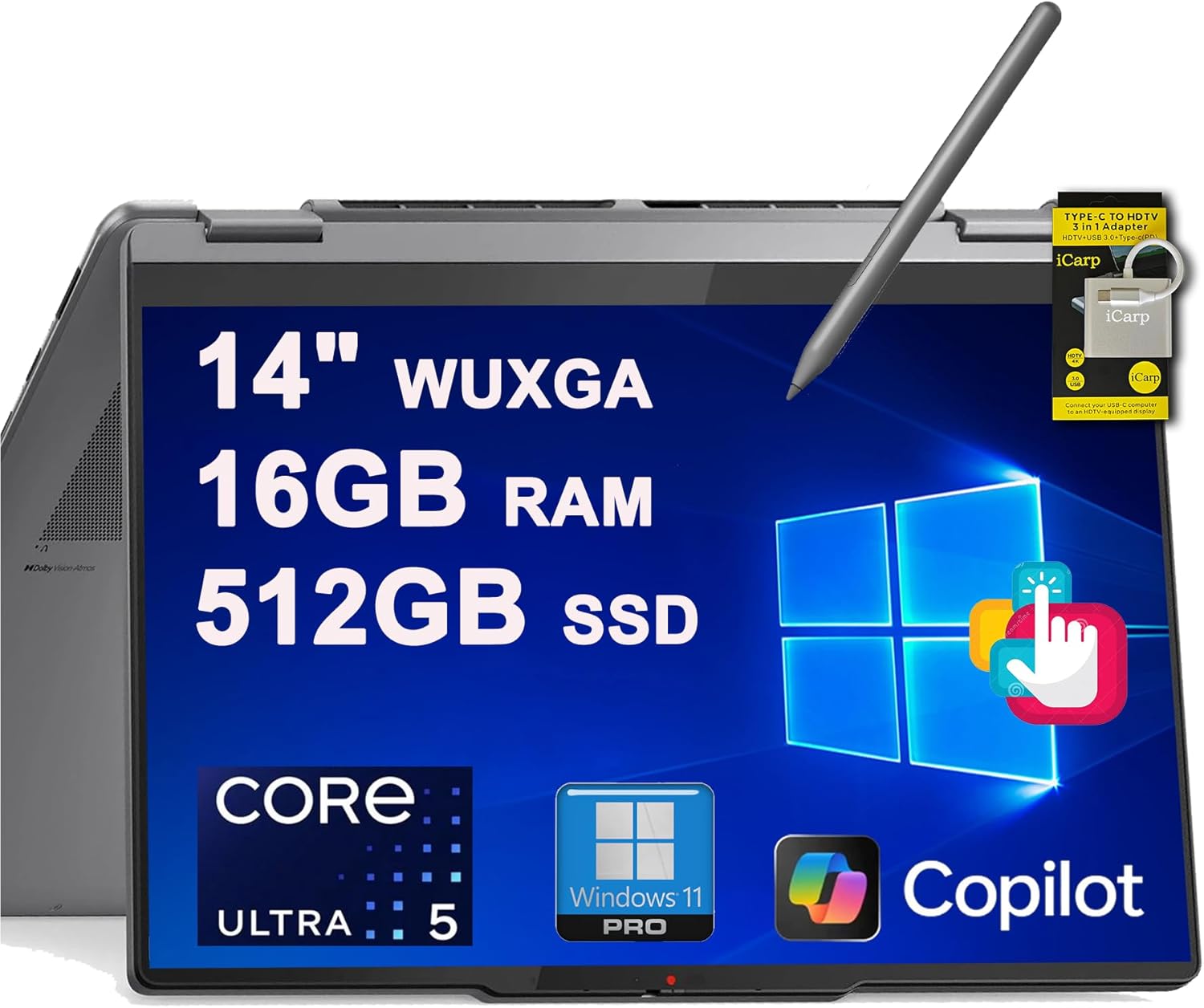Lenovo Yoga 7 2-in-1 Laptop 14" WUXGA OLED Touch Intel 8-core Ultra 5 226V Up to 40 TOPS (>Ryzen5 AI 340) 16GB RAM 512GB SSD Backlit w/Pen For Creator Business Professional Win11Pro ICP Hub Copilot AI